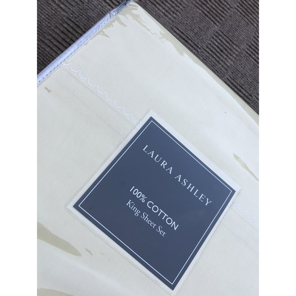 Laura Ashley Embroidered Scallop Hem King Sheet Set Yellow White Cotton New